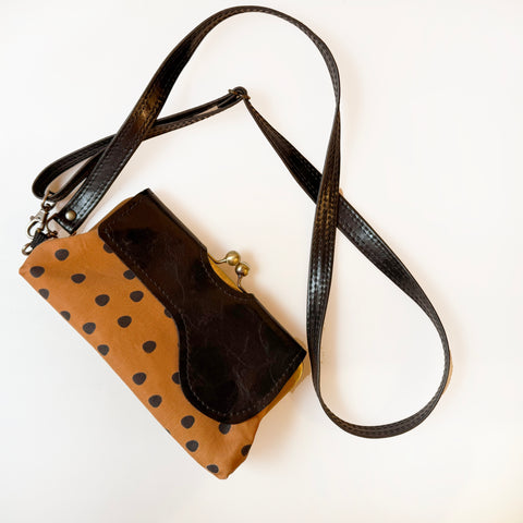 The Audrey Cross Body Clutch Black + Natural Linen - Brown Polka Dot