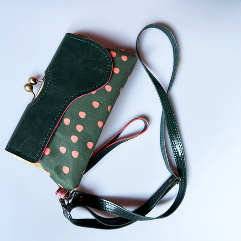 The Audrey Cross Body Clutch - Dark Green Polka Dot