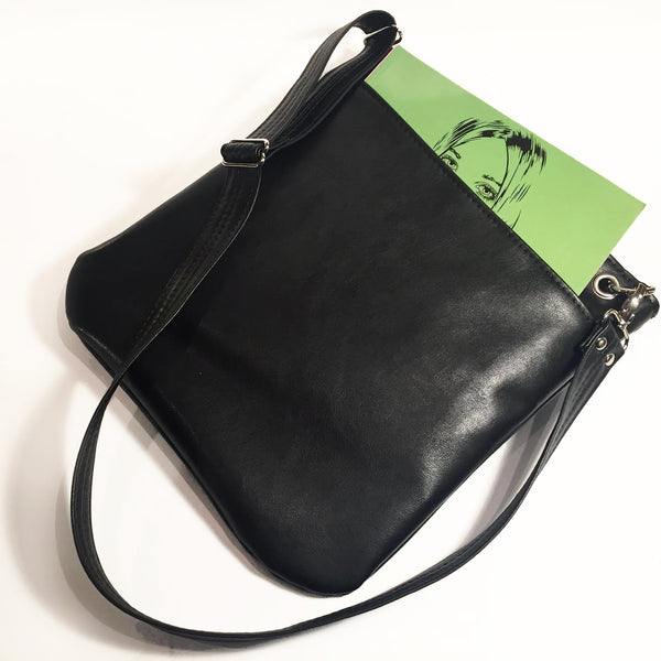 Solid Black Vegan Leather Tote Bag With Pockets