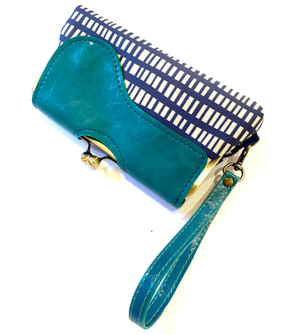 Audrey Wallet Clutch - Navy Wavy Stripe with Teal Flap