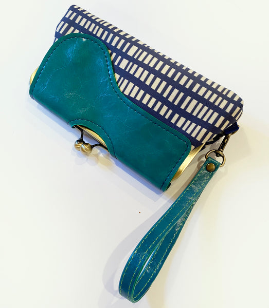 Audrey Wallet Clutch - Navy Wavy Stripe with Teal Flap