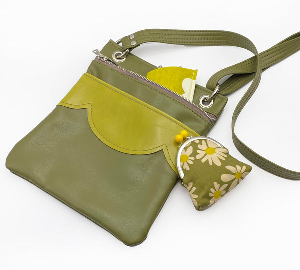 Vegan Leather  Handmade Handbag in a Green on Green combination of Olive and Chartreuse faux leather