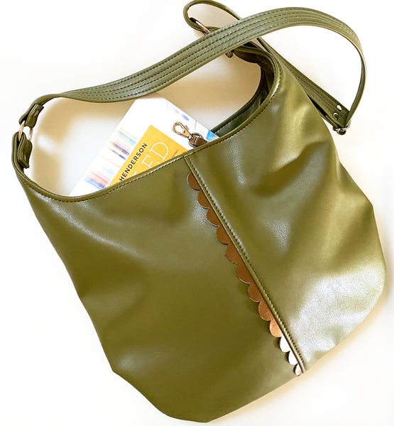 Vegan Leather Tote Bag featuring hand painted metallic Olive Green Scallop detail down the center front.
