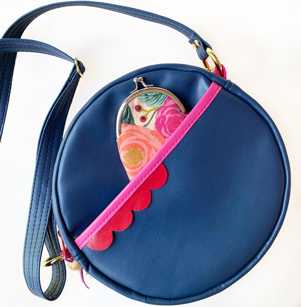 Betty Cross Body Bag, Navy Blue with Red + Hot Pink Accents